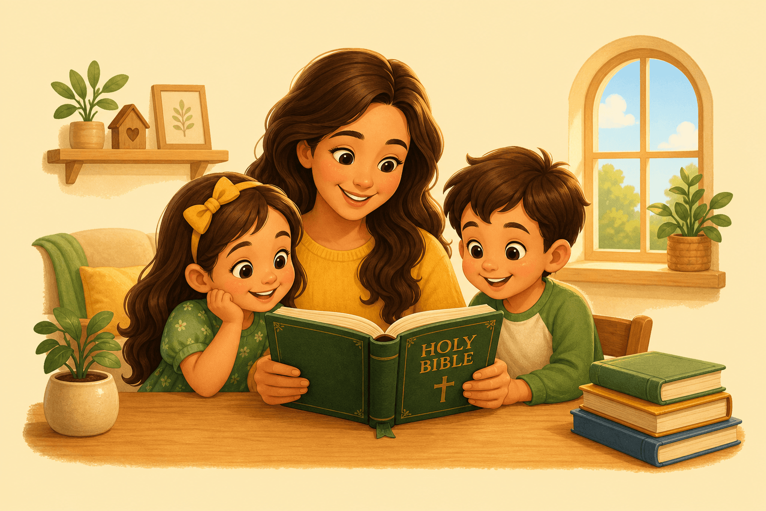 Parent reading the Bible with two children